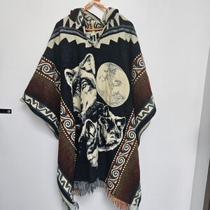 HandWoven Wolf Alpaca Blend Blanket Poncho Patterned Hooded Sweater Sz XL/ XXL